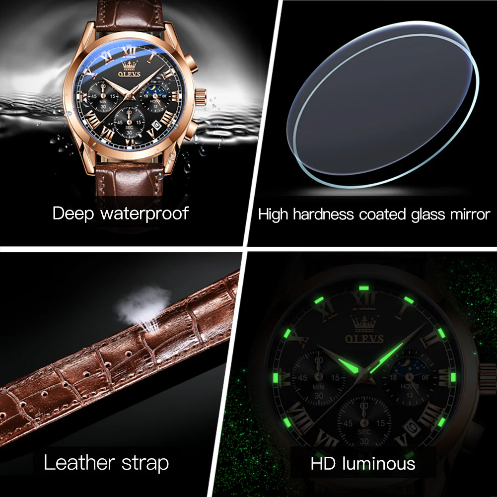 OLEVS 2871 Mens Watches Brown Black Chronograph Fashion Watch - Image 5