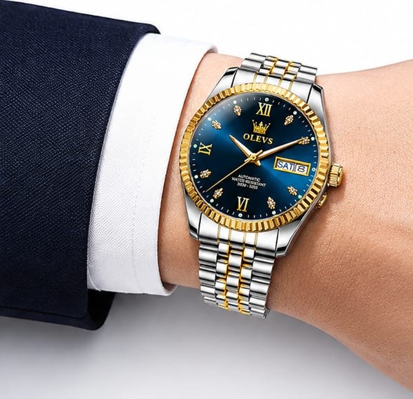 Blue Dial Luxury Watch With Stylish Gold And Stainless Steel Straps For Men - Image 5